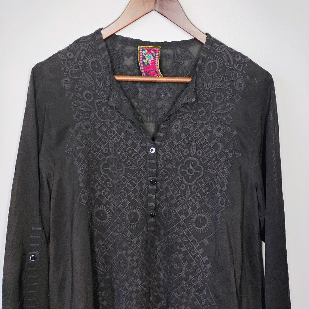 Johnny Was Rona Tunic Womens Small Black Sheer Embroidered Shark Bite Hem Boho - Picture 4 of 13